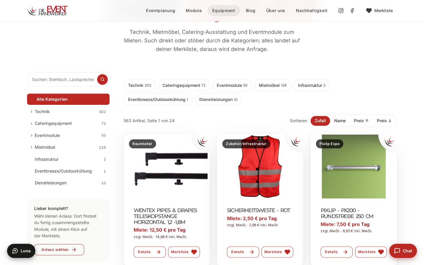Der Katalog mit Kategorien, Filtern und Merkliste