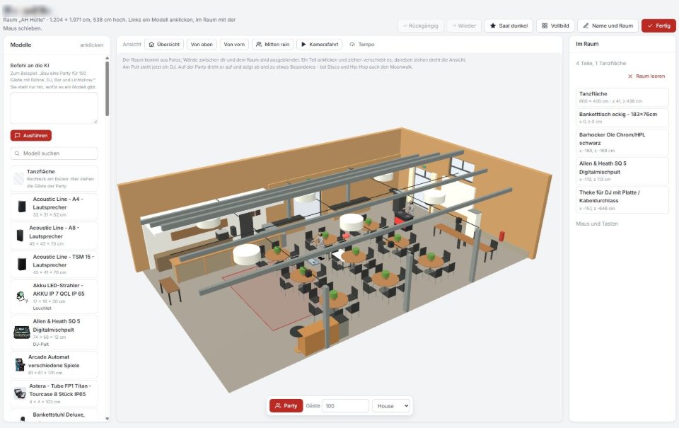 3D etkinlik planlayıcı: fotoğraflardan oda, depodan teknik ve mobilya; yapay zekâ istek üzerine yerleştirir