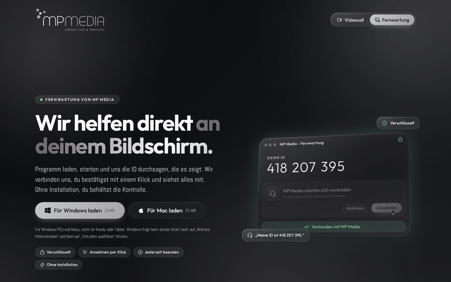 Fernwartung: Programm laden, Nummer durchsagen, fertig
