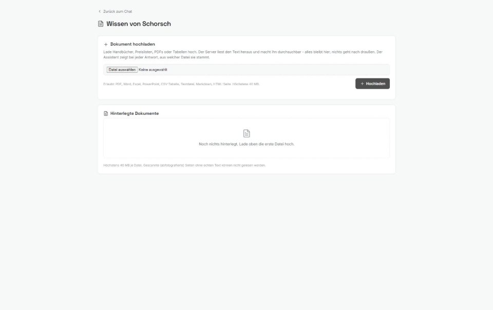 Your own knowledge: upload manuals, price lists and spreadsheets, nothing leaves the server