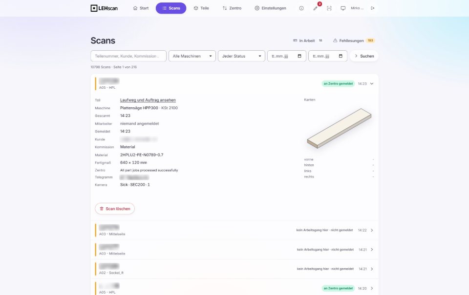 Every scan with machine, time, material, size and the feedback to Zentro