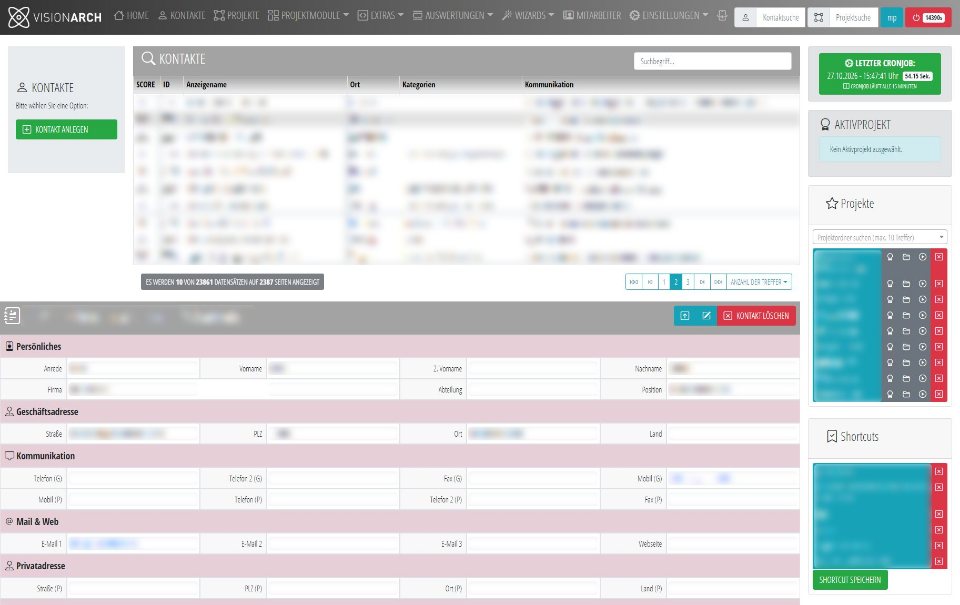 Contacts: every company and contact person with categories and communication details