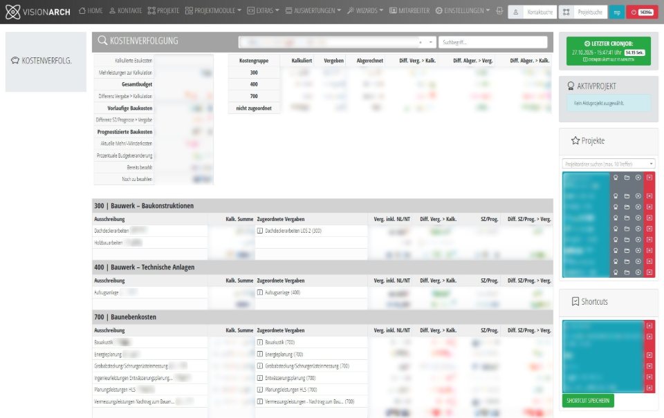 Cost tracking to DIN 276: estimated, awarded and invoiced per cost group